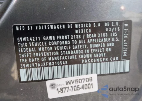 2015 Volkswagen Jetta 2.0L S from USA, damaged, VIN 3VW2K7AJXFM310548